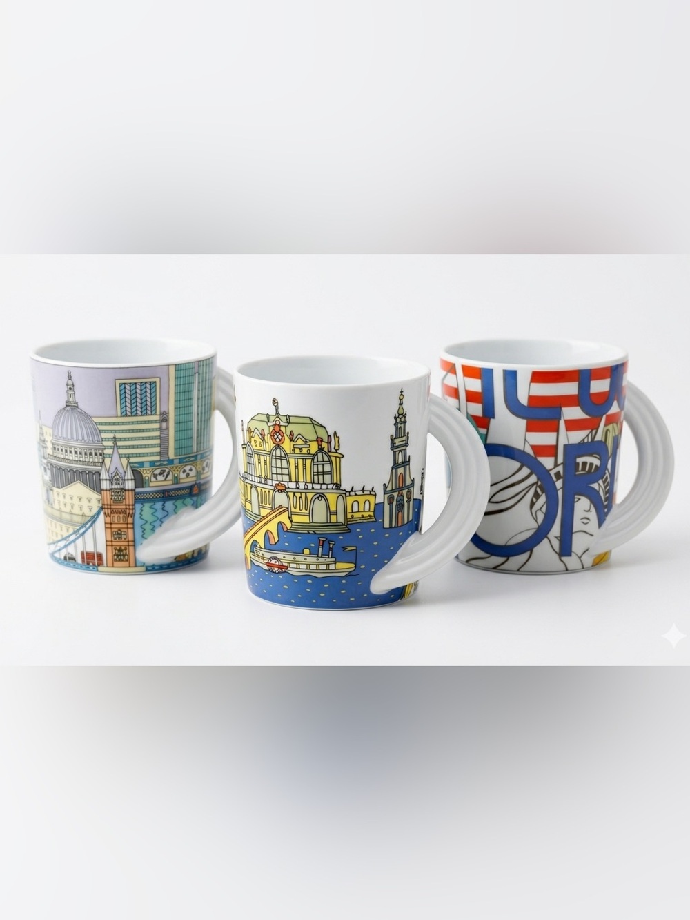 Set of 3 Rosenthal White Ceramic Mug with Cityscape Illustration Collectible